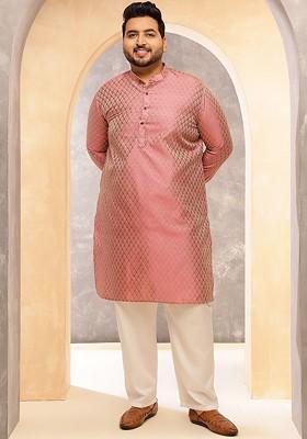 Pink Ethnic Motifs Silk Kurta Set For Men