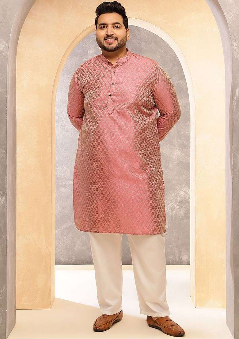 Pink Ethnic Motifs Silk Blend Kurta Set For Men - Indya