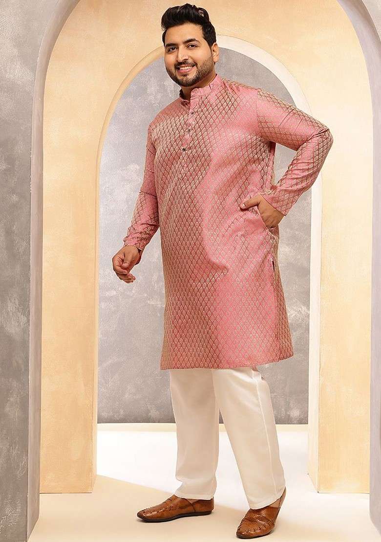 Pink Ethnic Motifs Silk Blend Kurta Set For Men - Indya
