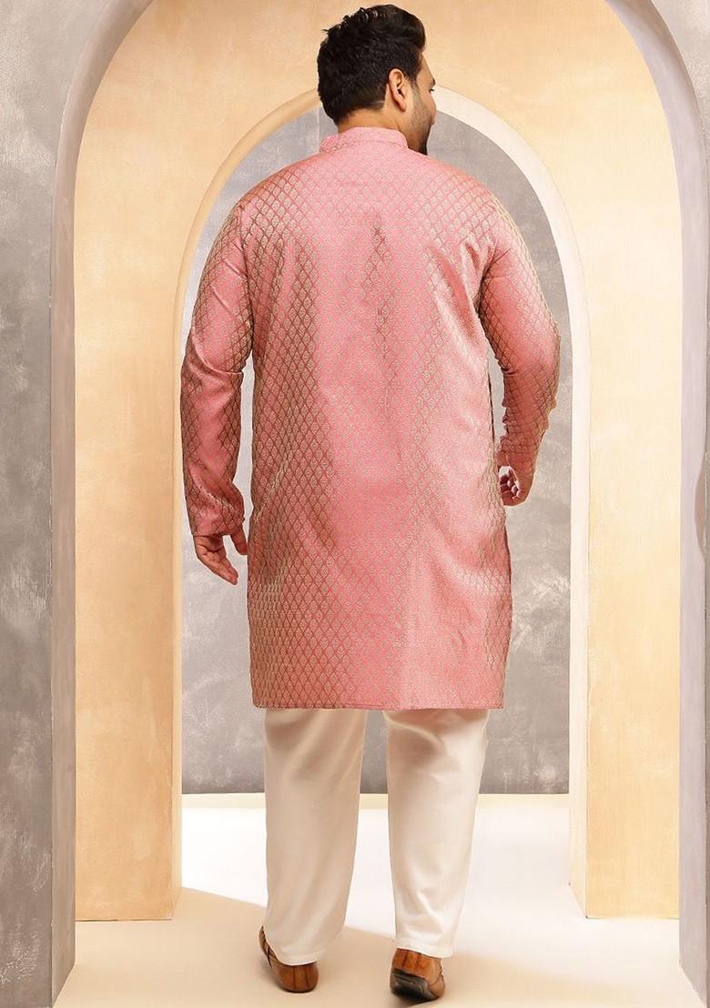 Pink Ethnic Motifs Silk Kurta Set For Men