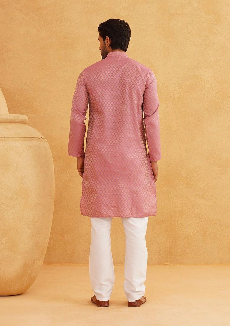 Pink Ethnic Motifs Poly Blend Kurta Set For Men