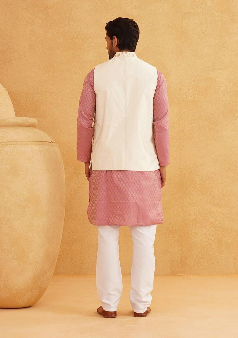 Pink Ethnic Motifs Poly Blend Kurta Set For Men