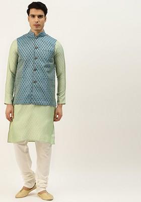Blue Ethnic Motifs Jacquard Kurta Set For Men
