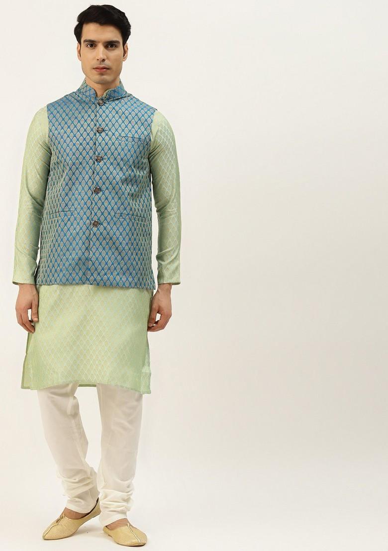 Blue Ethnic Motifs Jacquard Kurta Set For Men