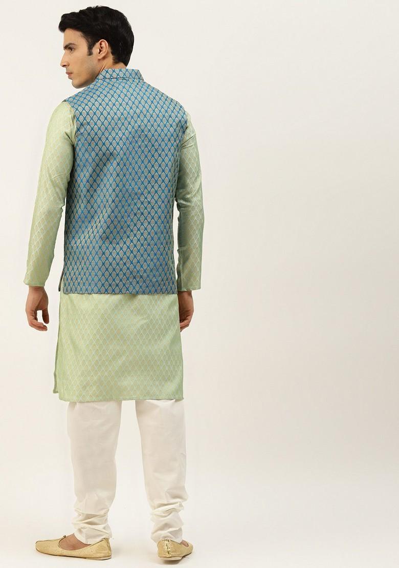Blue Ethnic Motifs Jacquard Kurta Set For Men