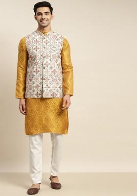 Mustard Ethnic Motifs Poly Blend Kurta Set For Men
