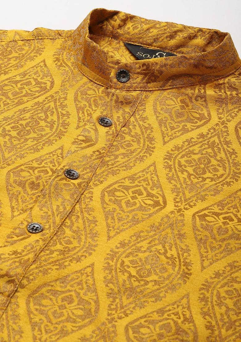 Mustard Ethnic Motifs Poly Blend Kurta Set For Men