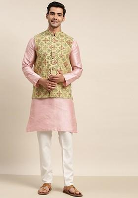 Pink Striped Poly Blend Kurta Set For Men