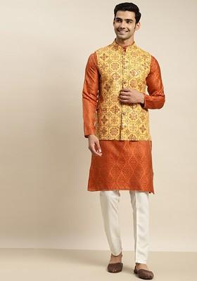 Orange Ethnic Motifs Poly Blend Kurta Set For Men