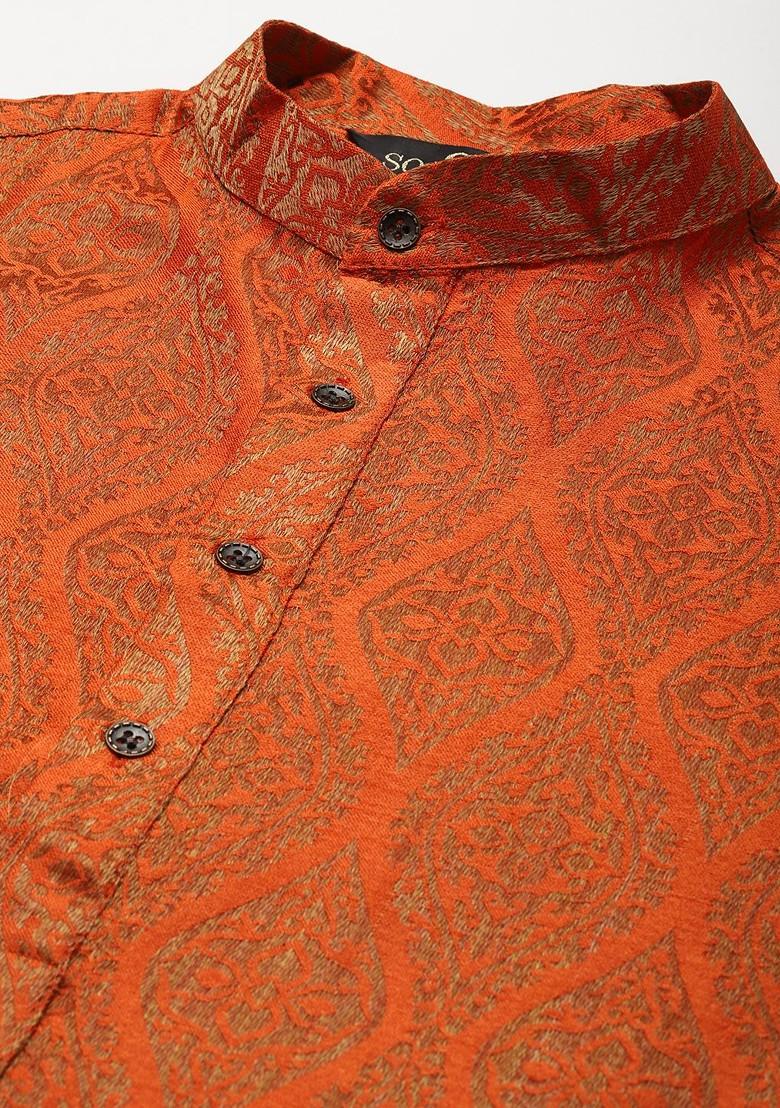 Orange Ethnic Motifs Poly Blend Kurta Set For Men