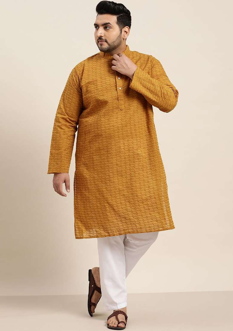 Mustard Embroidered Cotton Kurta Set For Men - Indya