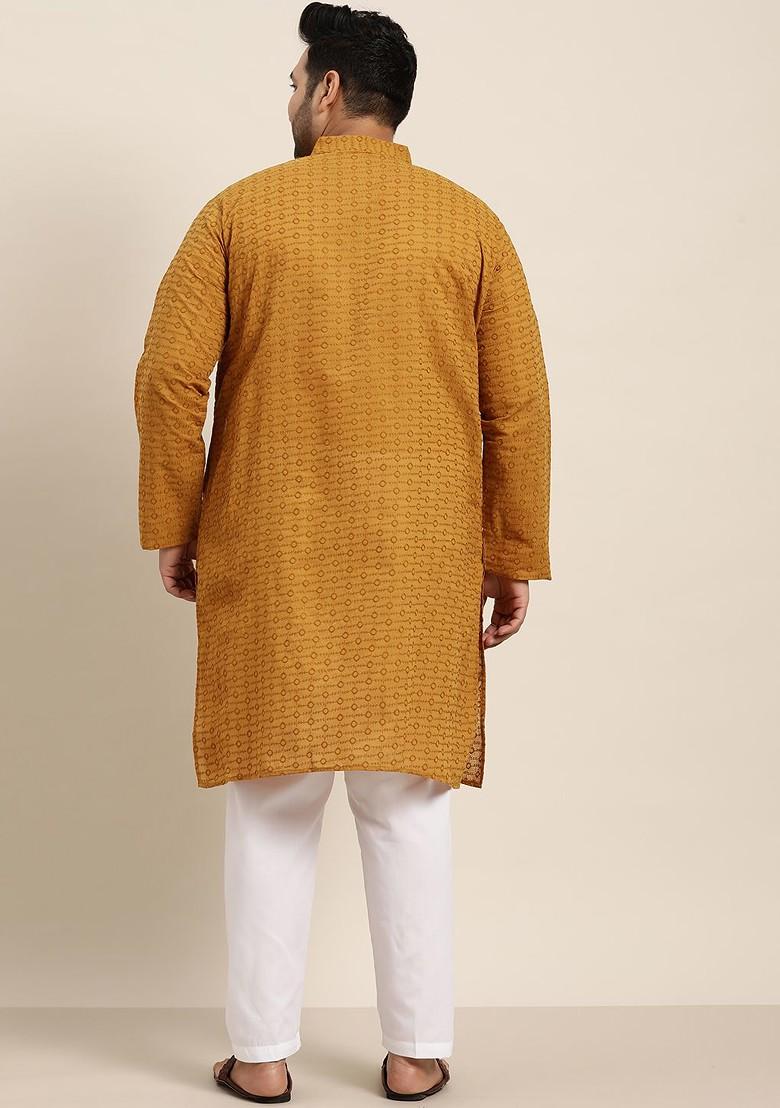 Mustard Embroidered Cotton Kurta Set For Men