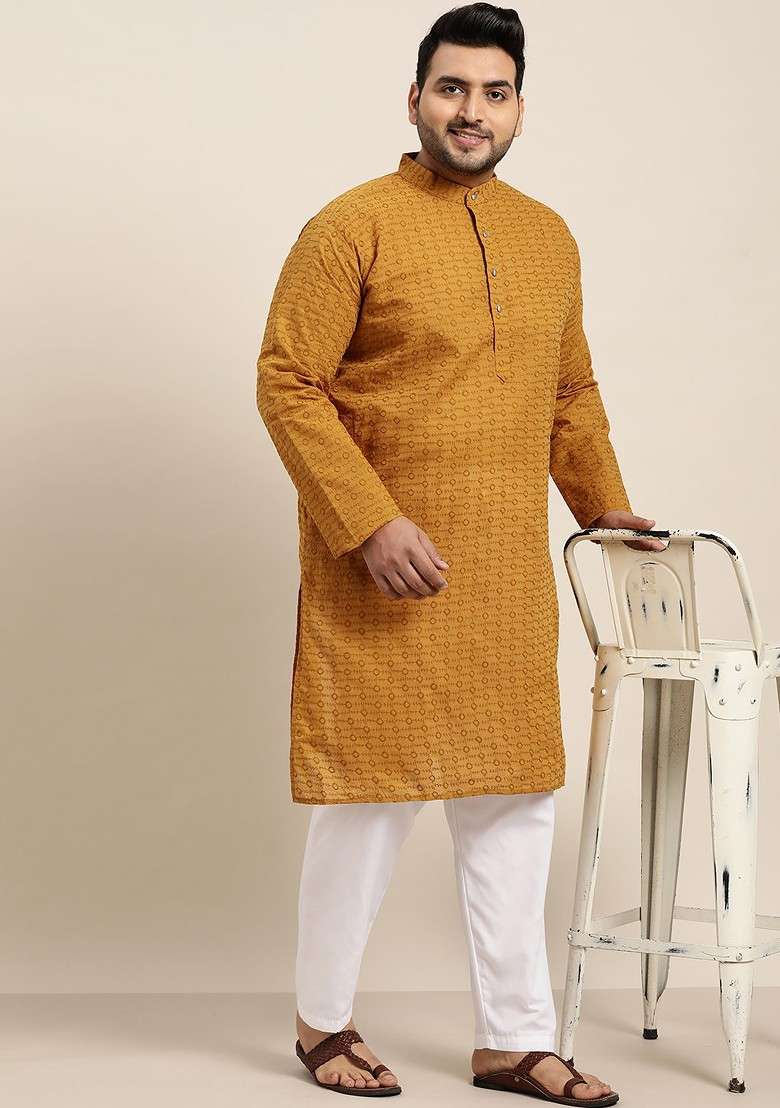 Mustard Embroidered Cotton Kurta Set For Men - Indya