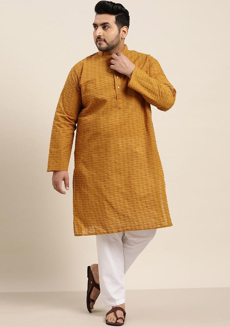 Mustard Embroidered Cotton Kurta Set For Men
