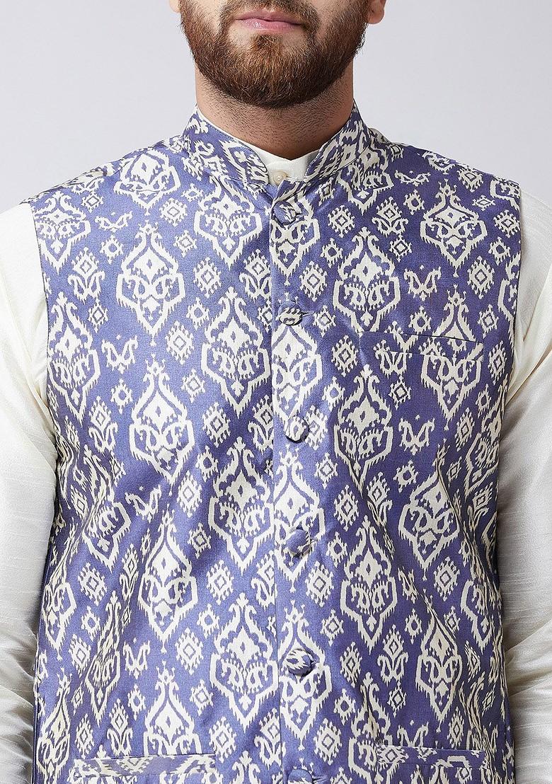 White Printed Poly Blend Kurta Set For Men