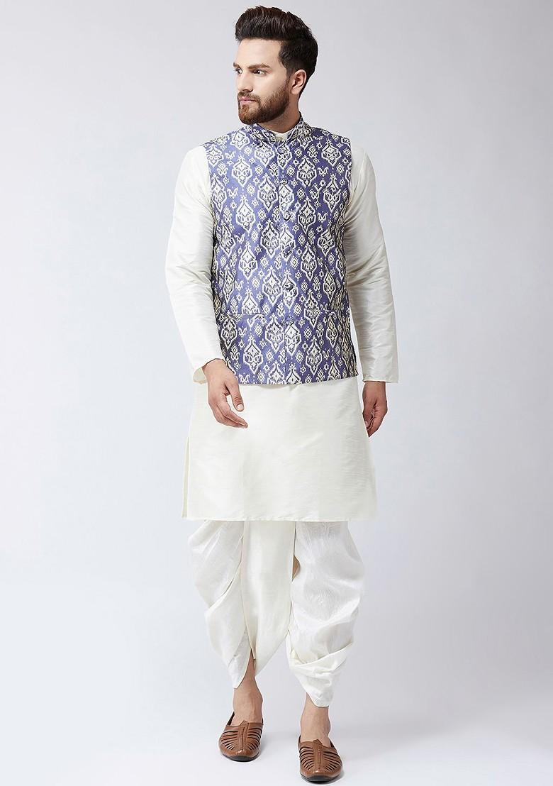 White Printed Poly Blend Kurta Set For Men