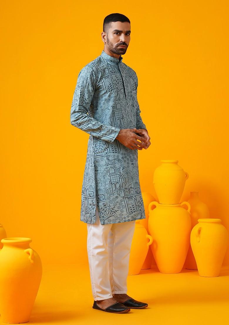 Blue Embroidered Poly Blend Kurta Set For Men