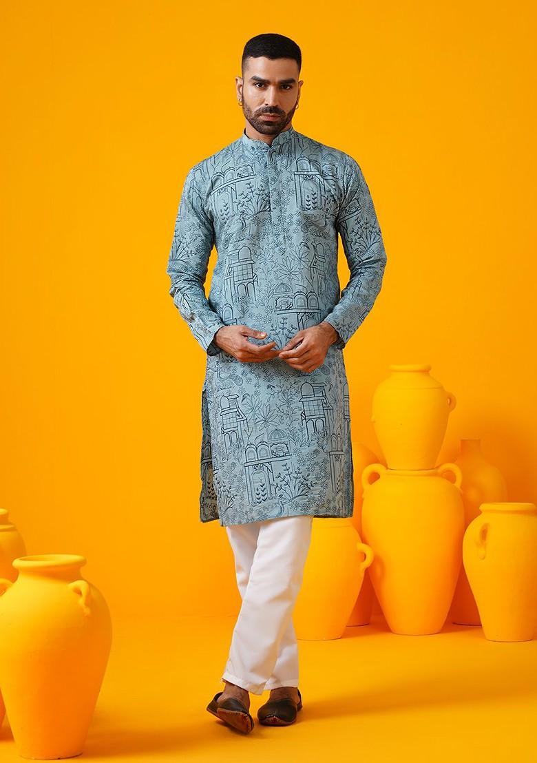 Blue Embroidered Poly Blend Kurta Set For Men