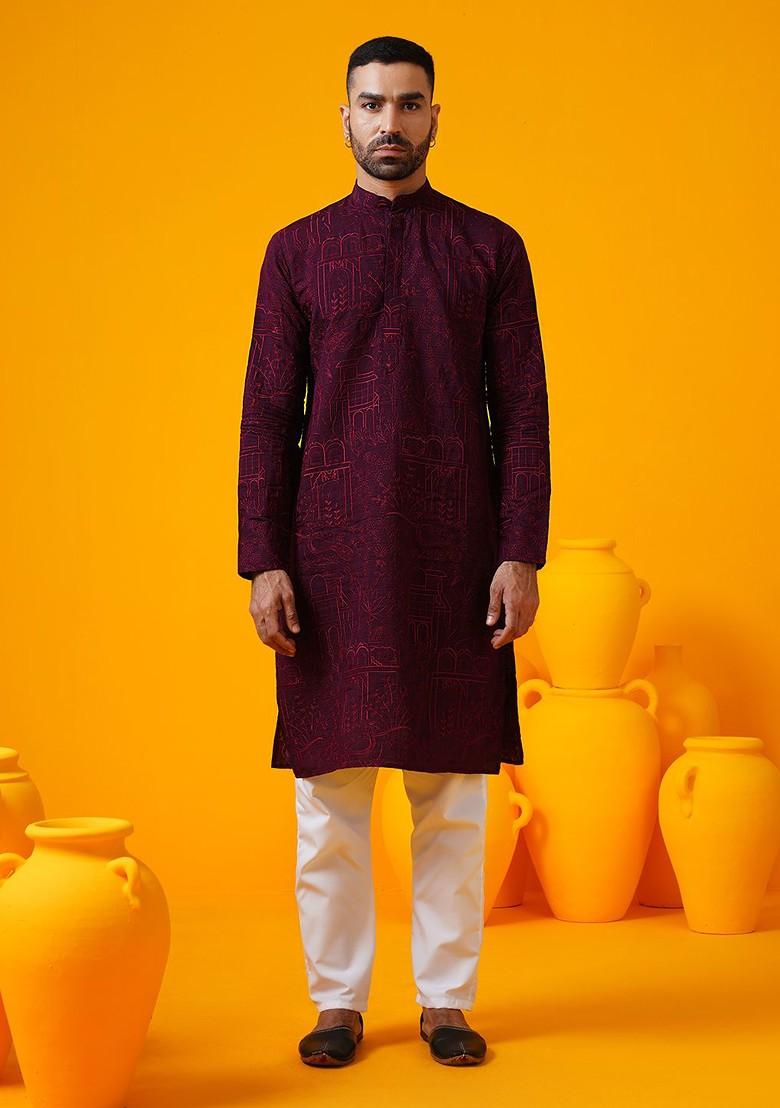 Burgundy Embroidered Poly Blend Kurta Set For Men