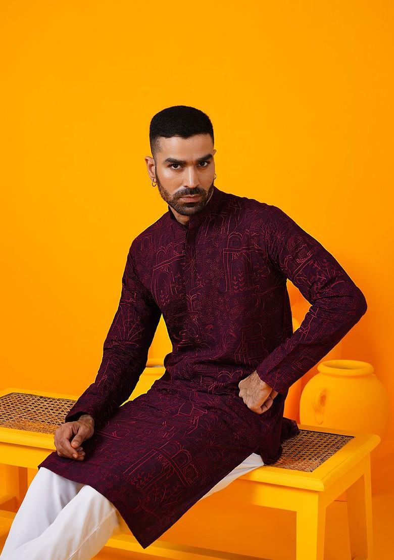 Burgundy Embroidered Poly Blend Kurta Set For Men