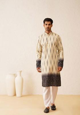 Beige Embroidered Cotton Kurta Set For Men