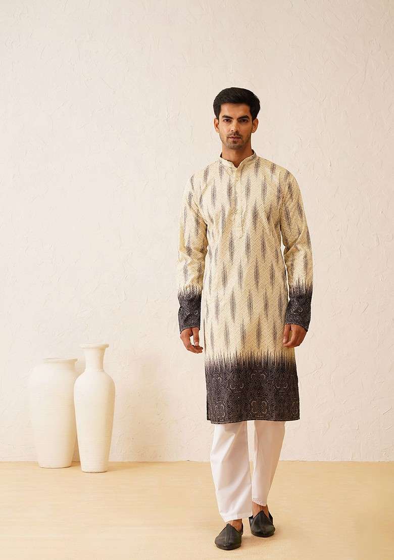 Beige Embroidered Cotton Kurta Set For Men - Indya