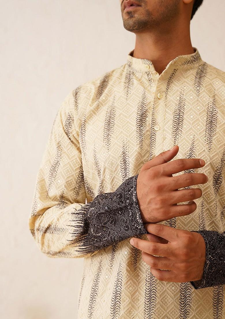 Beige Embroidered Cotton Kurta Set For Men