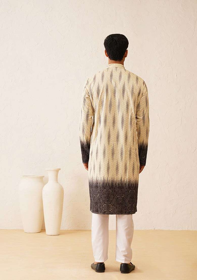 Beige Embroidered Cotton Kurta Set For Men - Indya