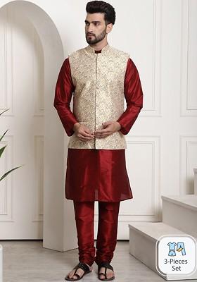 Maroon Solid Silk Kurta Set For Men
