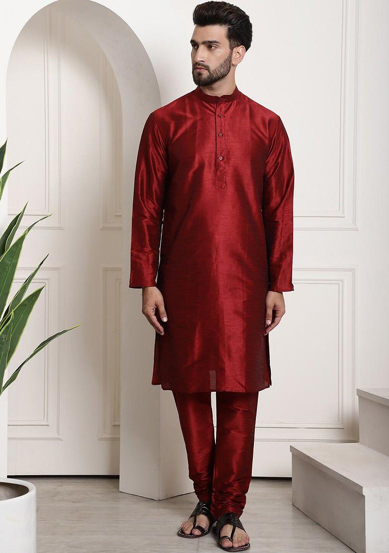 Maroon Solid Silk Kurta Set For Men