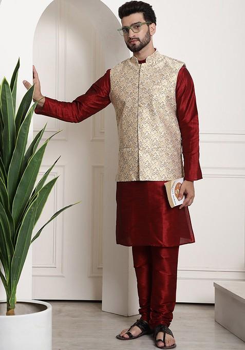 Maroon Solid Silk Kurta Set For Men