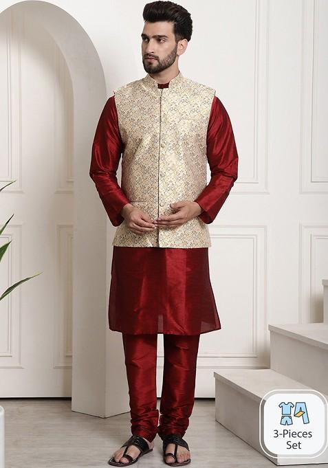 Maroon Solid Silk Kurta Set For Men