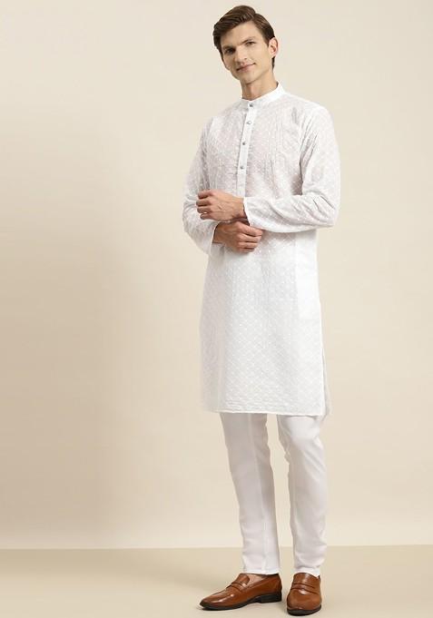 White Chikankari Cotton Kurta Set For Men