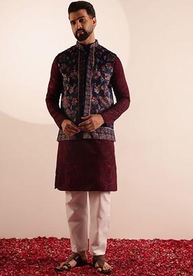 Burgundy Embroidered Poly Blend Kurta Set For Men