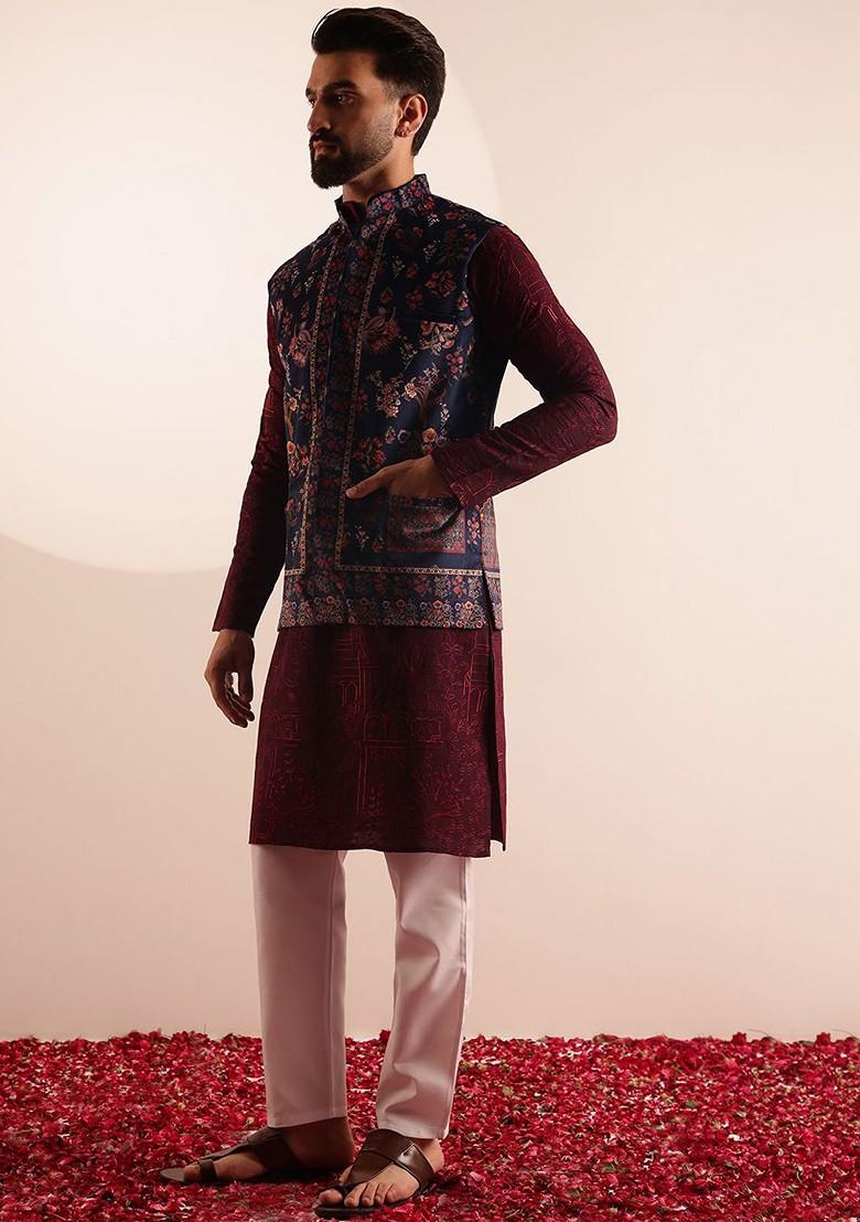 Burgundy Embroidered Poly Blend Kurta Set For Men