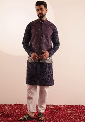 Violet Embroidered Poly Blend Kurta Set For Men