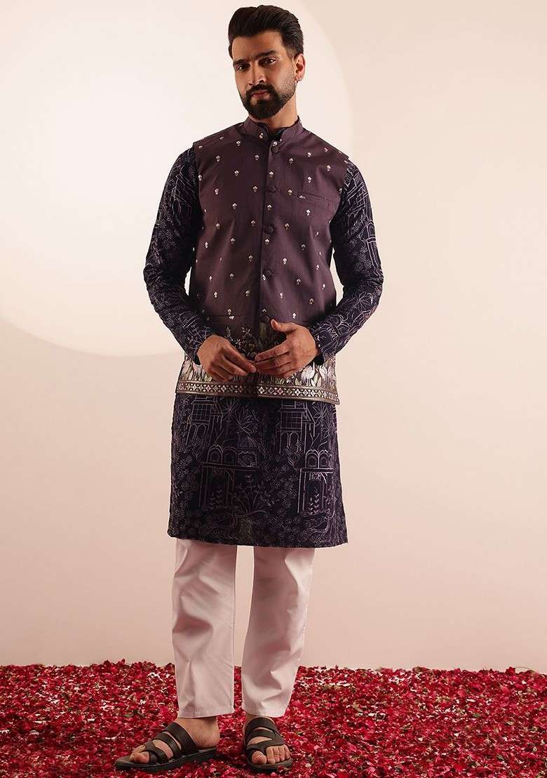 Violet Embroidered Poly Blend Kurta Set For Men - Indya