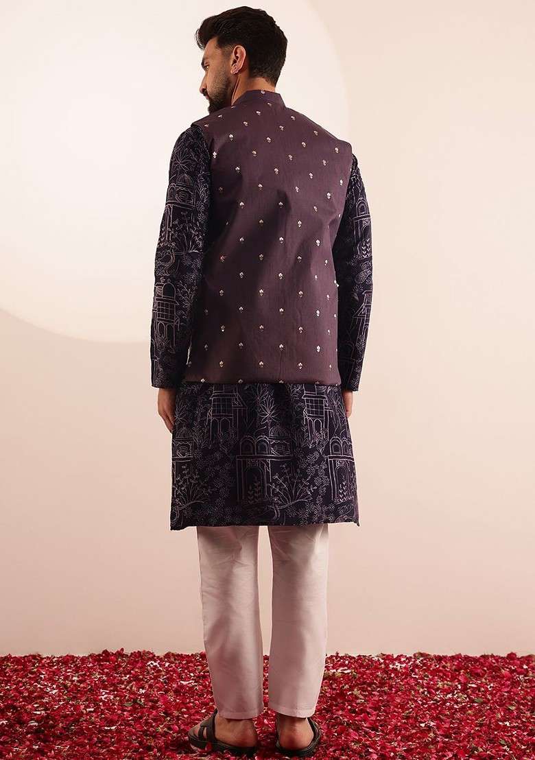 Violet Embroidered Poly Blend Kurta Set For Men - Indya