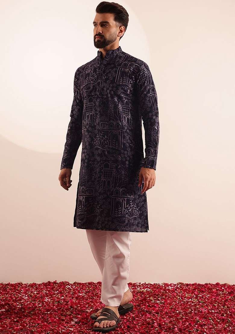 Violet Embroidered Poly Blend Kurta Set For Men - Indya