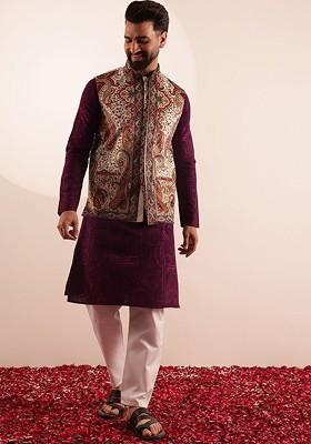 Burgundy Ethnic Motifs Poly Blend Kurta Set For Men