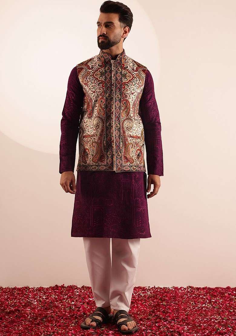 Burgundy Ethnic Motifs Poly Blend Kurta Set For Men - Indya