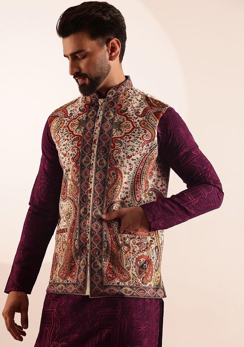 Burgundy Ethnic Motifs Poly Blend Kurta Set For Men
