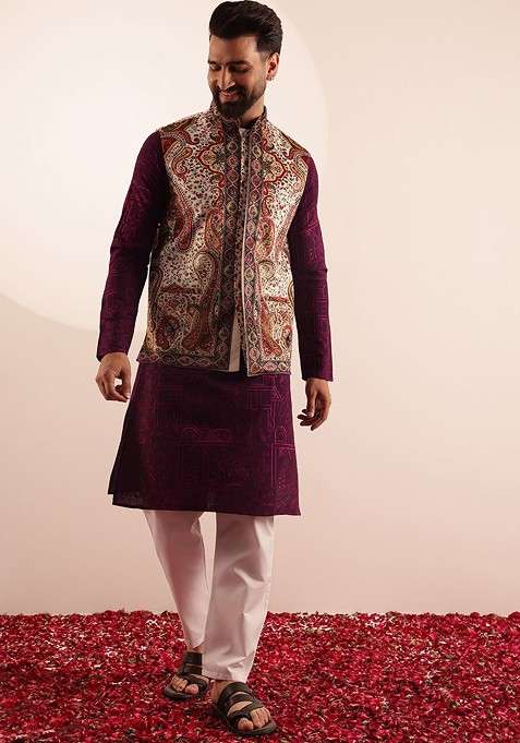 Burgundy Ethnic Motifs Poly Blend Kurta Set For Men
