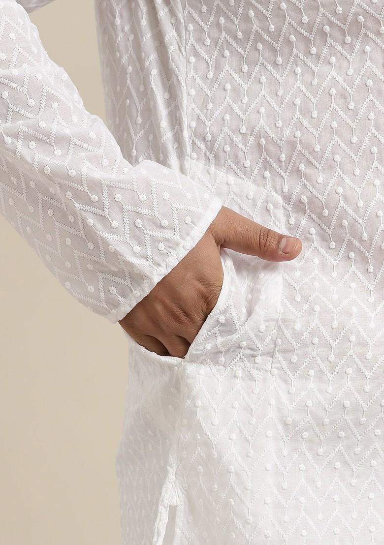 White Solid Cotton Kurta Set For Men