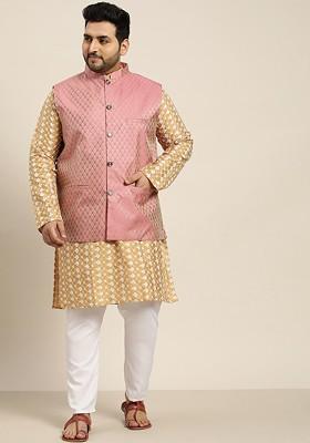 Gold Embroidered Poly Blend Kurta Set For Men