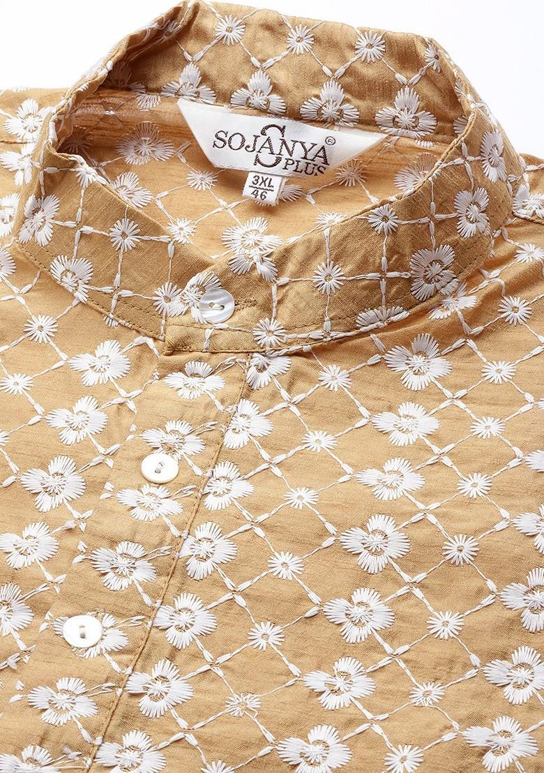 Gold Embroidered Poly Blend Kurta Set For Men