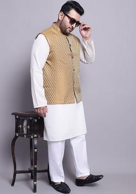Cream Solid Cotton Kurta Set For Men