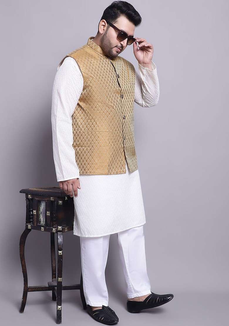 Cream Solid Cotton Kurta Set For Men - Indya
