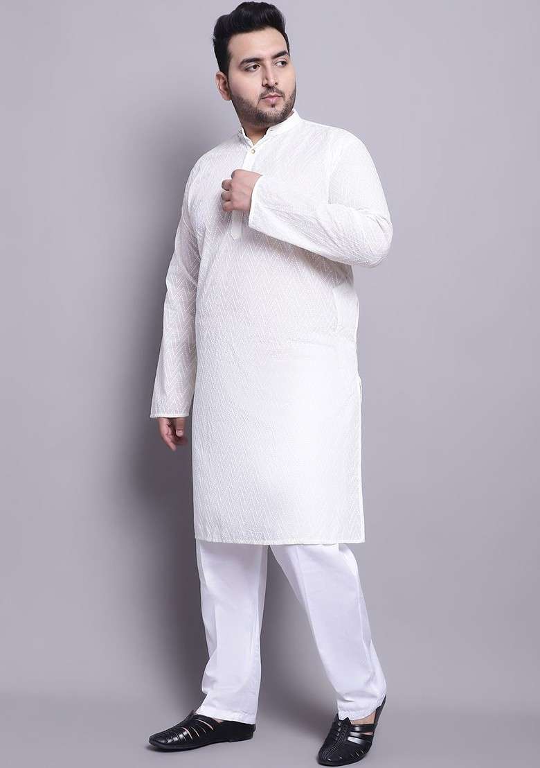 Cream Solid Cotton Kurta Set For Men - Indya