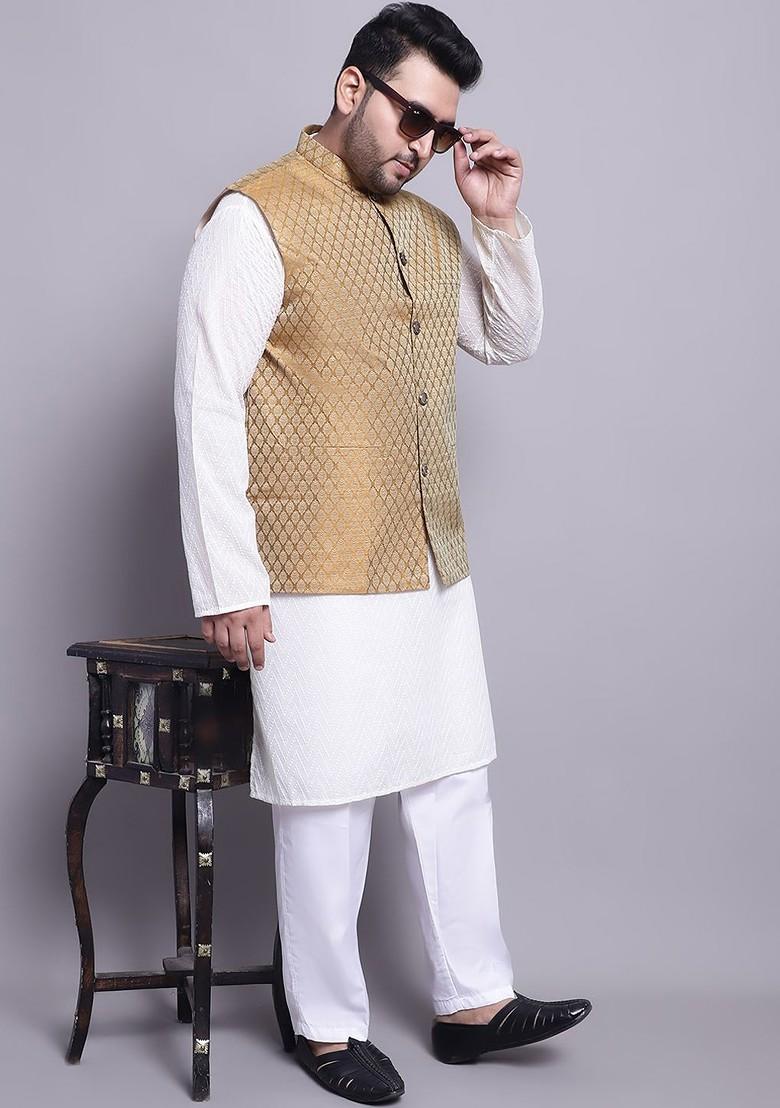 Cream Solid Cotton Kurta Set For Men